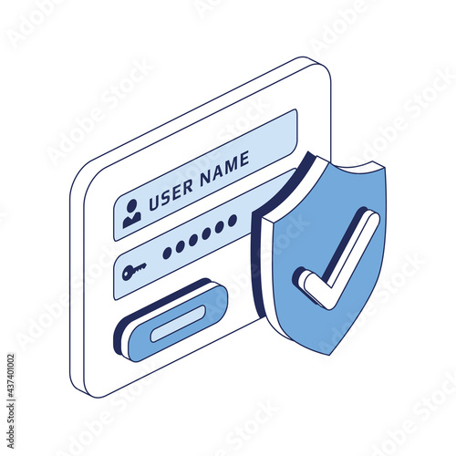 Shield Security, Password Authorization Account. Vector 3d line isometric, color web icons, new flat style. Creative design idea for infographics.