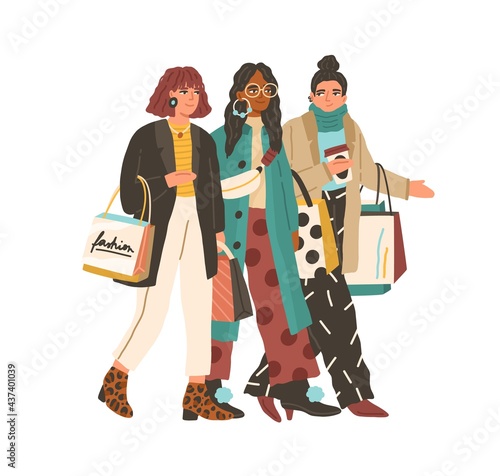Happy fashionable women walking with shopping bags. Female friends going with clothes purchases. Modern trendy shopaholics strolling together. Flat vector illustration isolated on white background