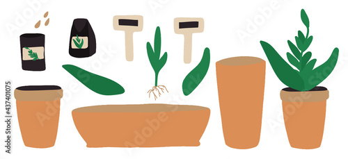 Garden set, garden and vegetable garden icons, Collection of planters illustrations, Growing flowers and fruits, Flower pots, Gardening, Simple doodle drawing, Hand drawing, isolated white background