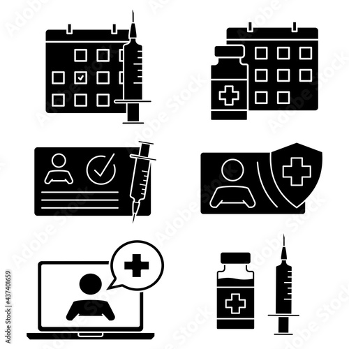 Time to vaccinate icons. Medical card, syringe, vial, calendar, online doctor and other clinical icons. Immunization concept. Health care and protection. Medical treatment