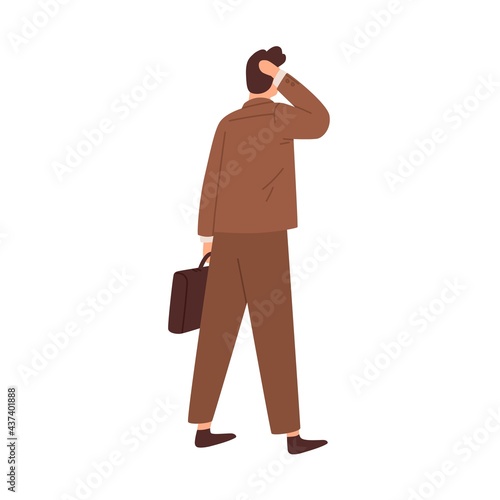 Questioned confused man hesitating, standing in doubt before difficult business decision. Puzzled pensive businessman. Colored flat vector illustration of concerned person isolated on white background