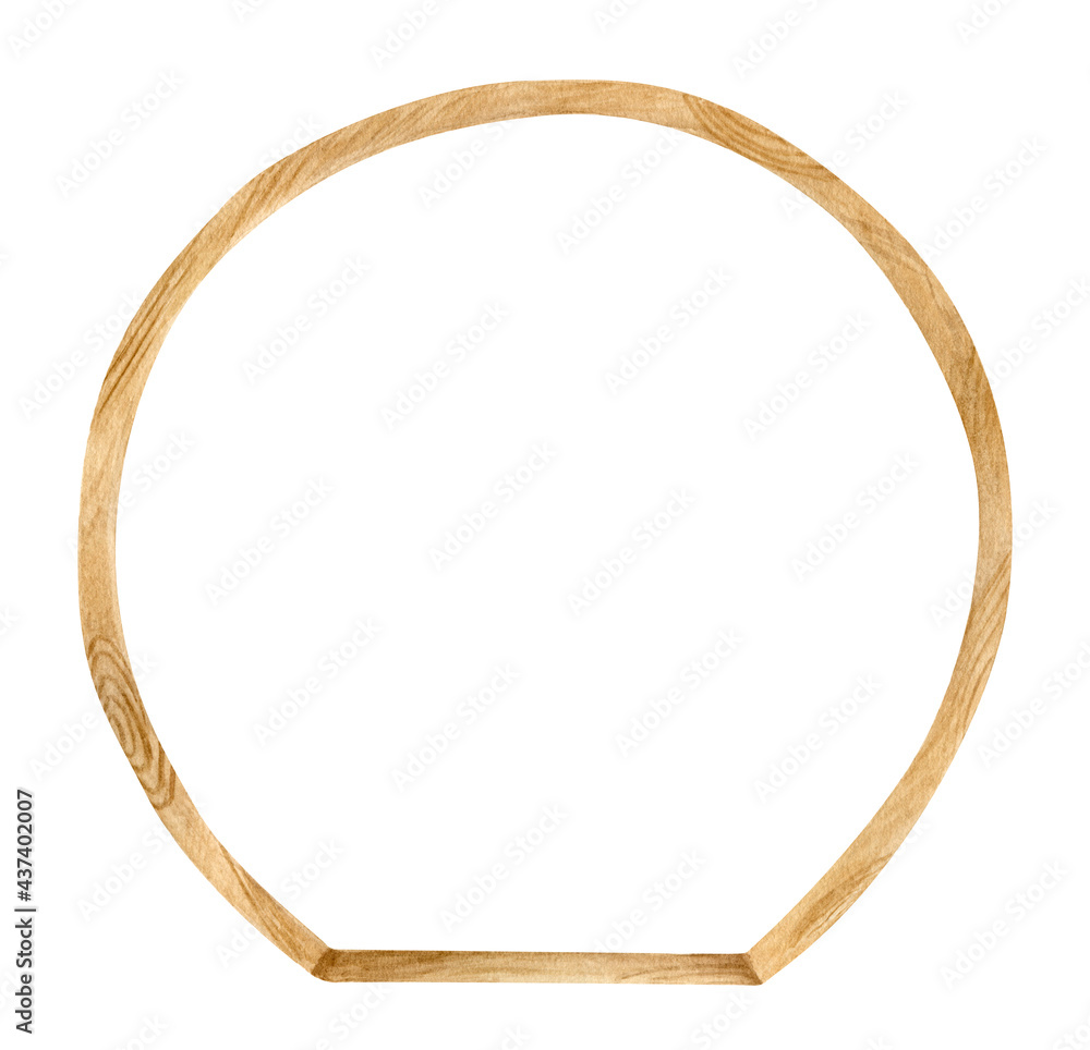 Watercolor wooden round archway. Hand drawn wedding arch with wood texture isolated on white. Geometric frame decoration, rustic natural design, bohemian eco decor illustration. Watercolor wooden round archway. Hand drawn wedding arch with wood texture isolated on white. Geometric frame decoration, rustic natural design, bohemian eco decor illustration.