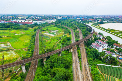 Aerial photography, railroad tracks, high-altitude photography lens