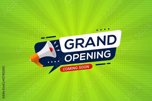 Grand opening banner invitation with megaphone speaker opening celebration announcement vector illustration