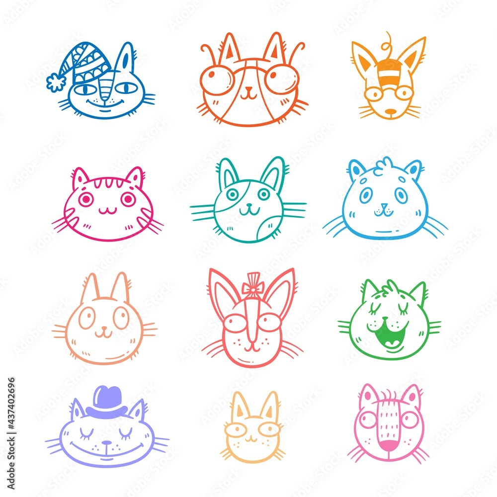 Set with cute cartoon cats. Funny animals collection. Doodle kittens print. Vector feline sticker pack.