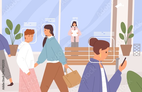 Digital technology of facial recognition. Biometric system recognizing and scanning people's faces in crowd. City video supervision, surveillance and monitoring concept. Flat vector illustration