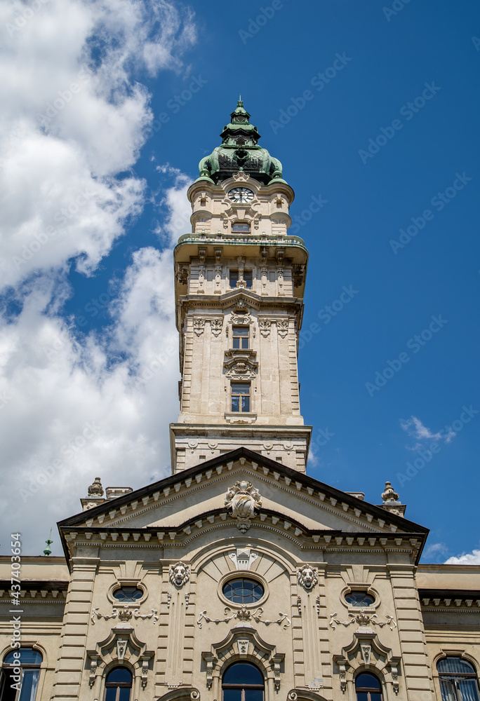 Clock tower in the center of the city. Gyor, Hungary.