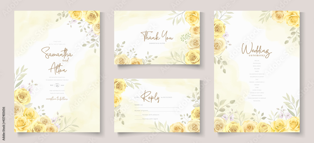 Elegant wedding invitation template with yellow floral theme