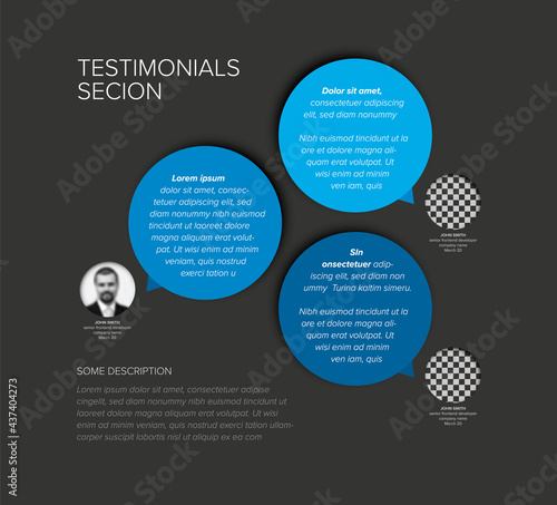 Dark testimonial reviews section layout template with blue circle speech bubbles