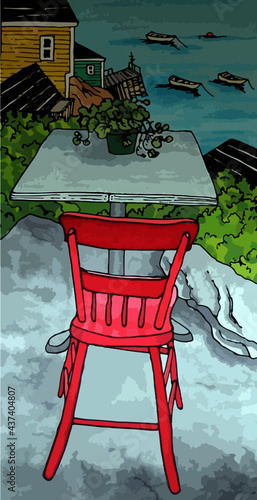 Red Chair and Table on Patio Overlooking Water with Boats and Houses