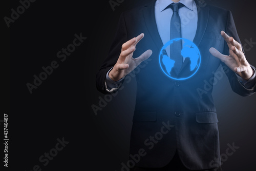 Businessman man hand holding Earth icon , digital globe