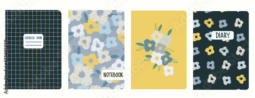 Set of cover page templates with viola flowers and hand drawn grid. Based on seamless patterns. Headers isolated and replaceable. Perfect for school notebooks, notepads, diaries