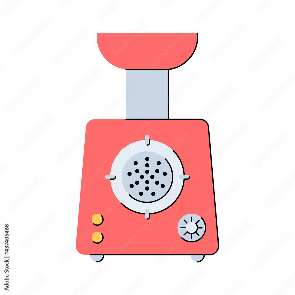 Electric meat grinder. Mincer. Kitchen appliances. Tool for preparing minced meat. Flat style. Isolated vector illustration on white background. Electric meat grinder. Mincer. Kitchen appliances. Tool for preparing minced meat. Flat style. Isolated vector illustration on white background.