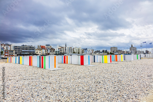 Beach and colored beach cabins on the Atlantic Ocean in Le Havre. Coastal town of Le Havre, Department Seine-Maritime, Haute-Normandie, France.