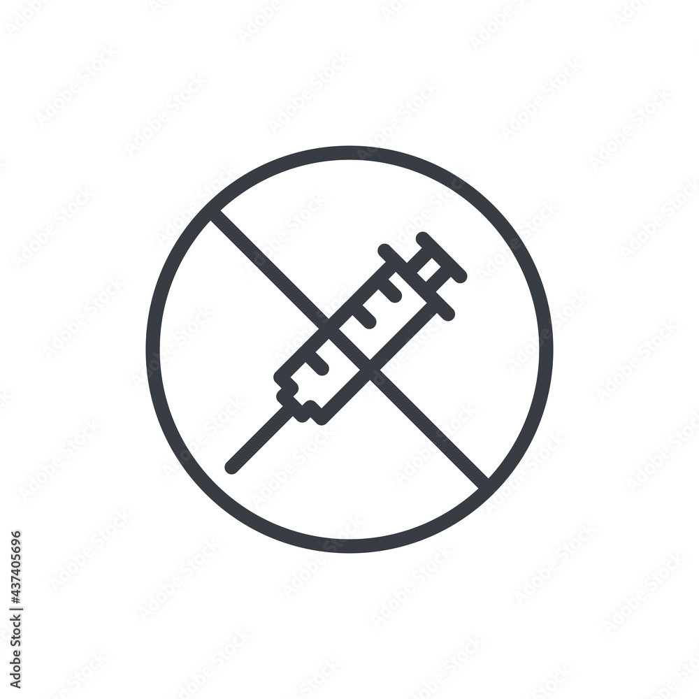 Syringe prohibition icon. No drugs symbol. Vaccination forbidden. No injection line sign. Vector isolated on white Syringe prohibition icon. No drugs symbol. Vaccination forbidden. No injection line sign. Vector isolated on white