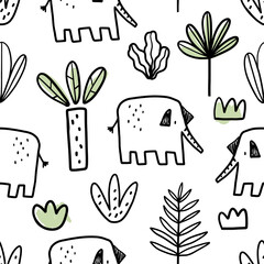 Crédence de cuisine Éléphant patrons Éléphants plantes doodles style nordique  © ZHUKO