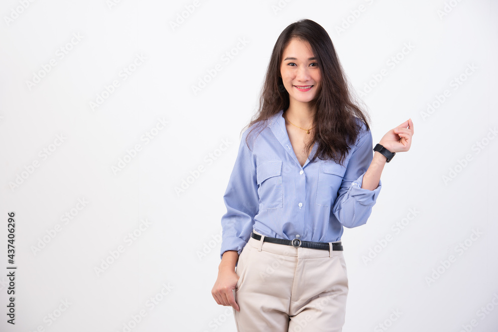Image of happy young business woman posing isolated over whilte wall background. Image of happy young business woman posing isolated over whilte wall background.