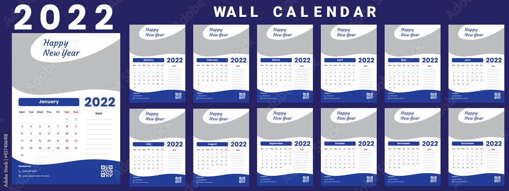 Wall Calendar 2022, Minimal Wall Calendar for 2022, Business Template, Wall calendar design template for 2022, Vector Illustration Wall Calendar 2022, Minimal Wall Calendar for 2022, Business Template, Wall calendar design template for 2022, Vector Illustration
