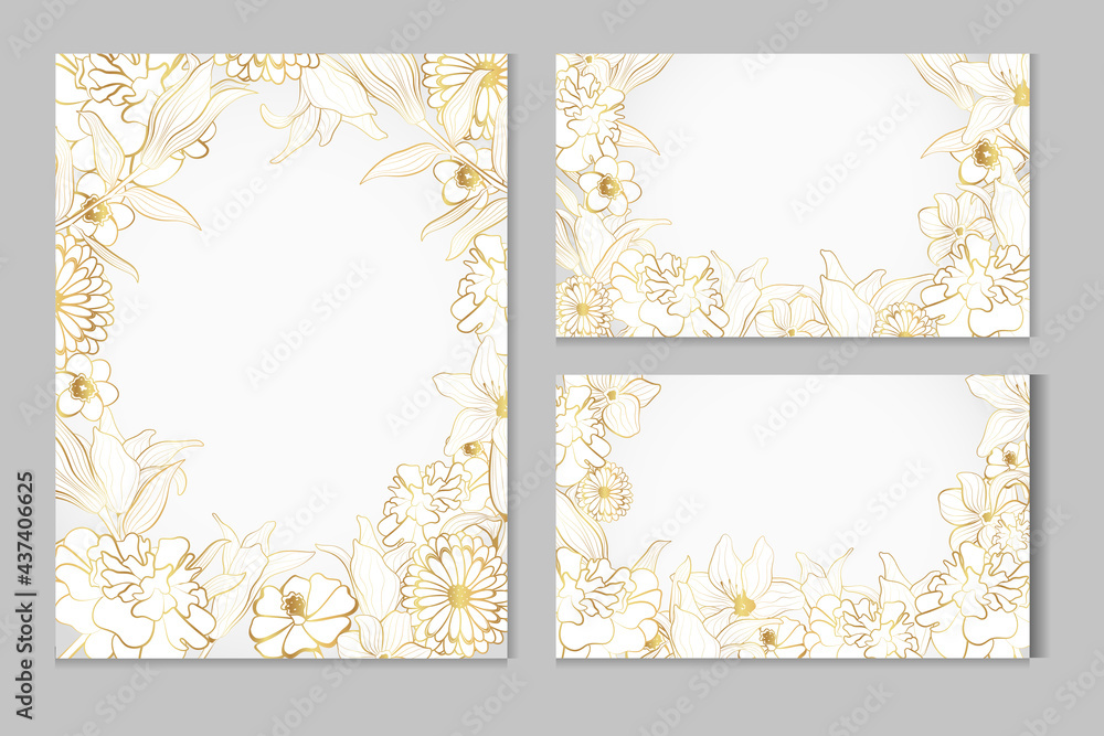 Set of vector cards with golden flowers on a white background. Line art	