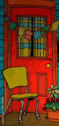 Yellow Vintage Chair on Doorstep of Old House in Front of Red Door with Flower Pot 