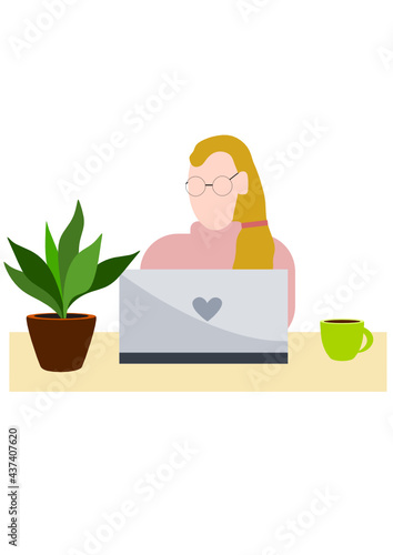 Woman with a computer works distantly and studies or teaches online © Svetlana