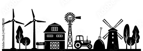 Farm silhouette. Vector silhouette of the countryside. Illustration - barn, mill, tractor, haystack, pitchfork, windmill, trees.