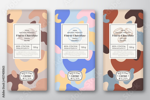 Chocolate Labels Set. Abstract Vector Packaging Design Layouts Collection. Modern Typography, Hand Drawn Cocoa, Coffee Beans and Coconut Sketches and Colorful Camouflage Pattern Background. Isolated
