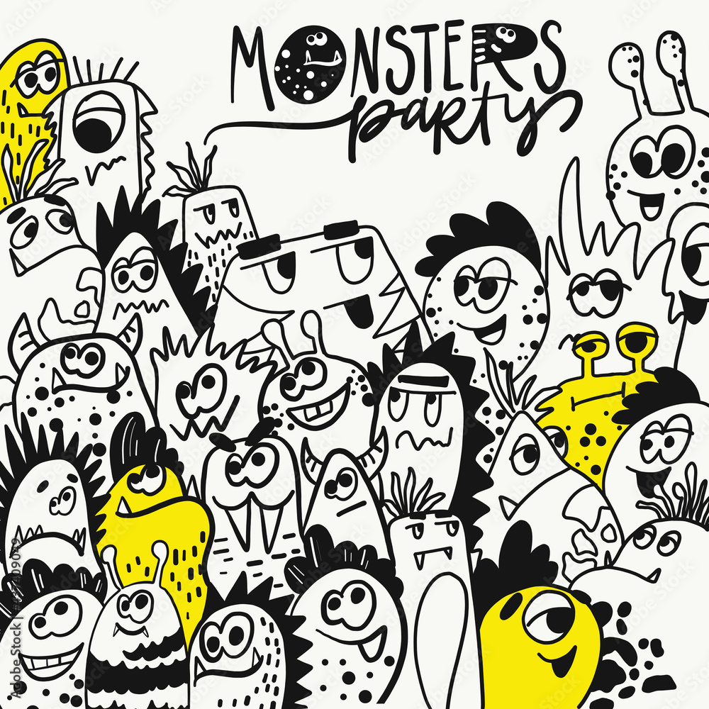 Monsters party. Funny coloring poster in doodle style. Big coloring page with monster