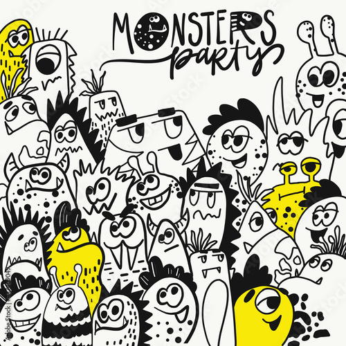 Monsters party. Funny coloring poster in doodle style. Big coloring page with monster