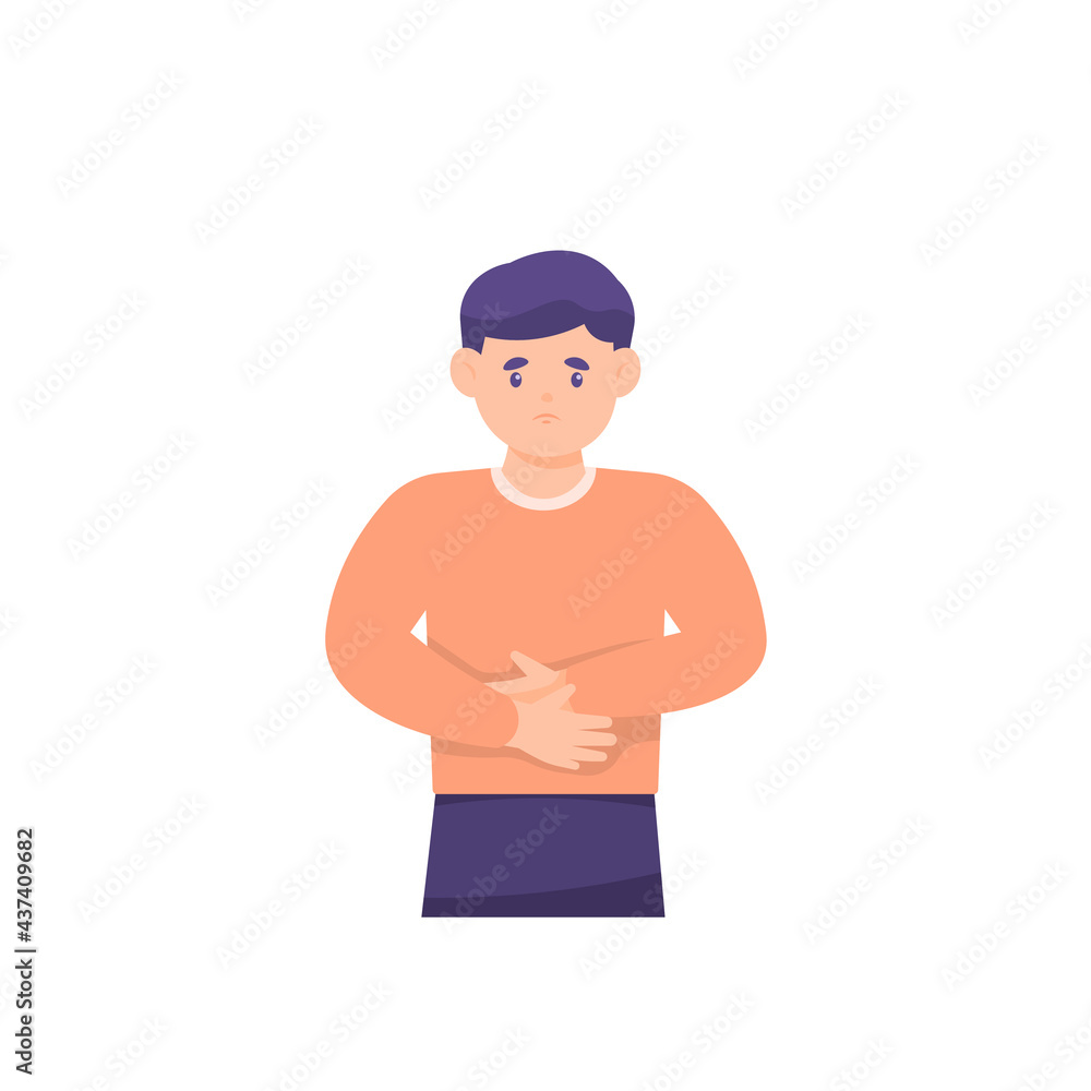 Fototapeta premium illustration of a boy holding his stomach. the expression of a person who is not feeling well or has stomach ailments. nauseous, hungry. flat style. vector design