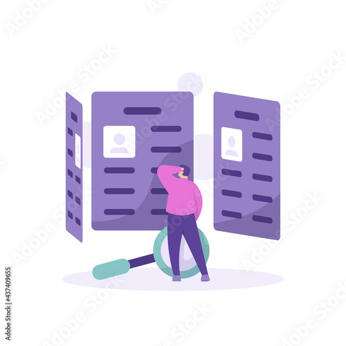 concept review, recruitment, job vacancies. illustration of an HRD staff or Human Resource Department looking at the information listed on the CV or Curriculum Vitae. flat style. vector design