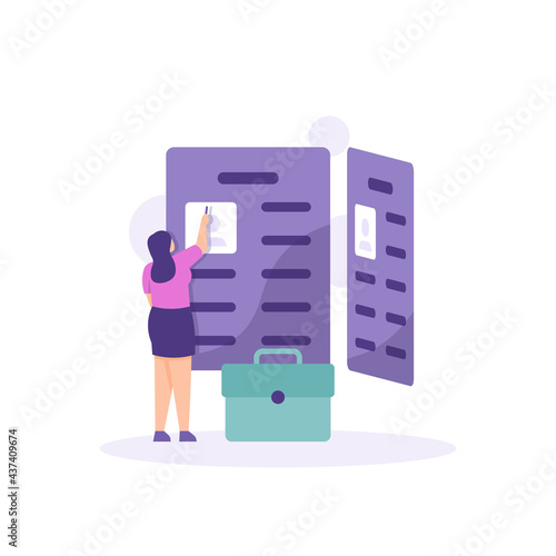 concept review, recruitment, job vacancies. illustration of an HRD staff or Human Resource Department looking at the information listed on the CV or Curriculum Vitae. flat style. vector design