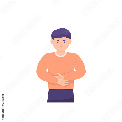 illustration of a boy holding his stomach. the expression of a person who is not feeling well or has stomach ailments. nauseous, hungry. flat style. vector design