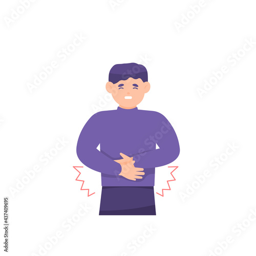 illustration of a boy grimacing in pain due to experiencing or having stomach pain, ulcer, kidney failure, colon cancer, internal disease. holding his stomach. sick person. flat style. design element