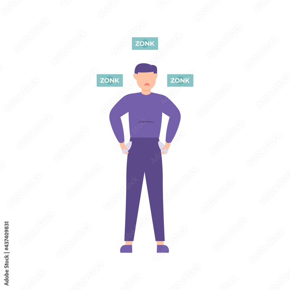 illustration of a person who feels dizzy and sad because he has no money. showing his empty pocket or pants pocket. the poor or out of money. flat design. vector design