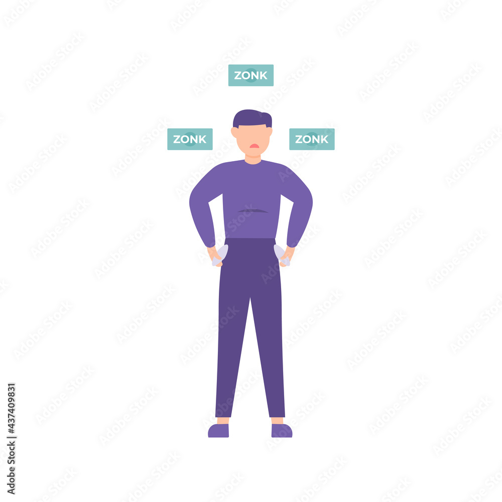 illustration of a person who feels dizzy and sad because he has no money. showing his empty pocket or pants pocket. the poor or out of money. flat design. vector design illustration of a person who feels dizzy and sad because he has no money. showing his empty pocket or pants pocket. the poor or out of money. flat design. vector design