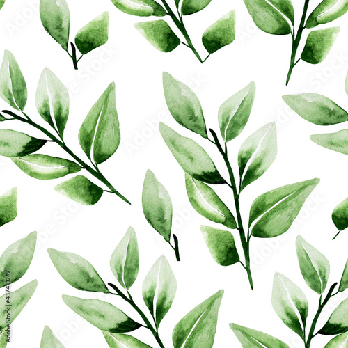 Twigs with green leaves watercolor seamless pattern. Template for decorating designs and illustrations.