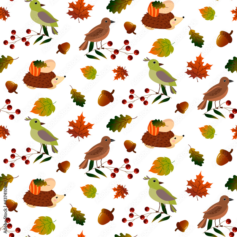 Patterns with birds, hedgehog and autumn leaves. Hello, Autumn. Vector illustration isolated on white background. For prints, childrens clothing, home textiles, covers, brochures, packaging and other Patterns with birds, hedgehog and autumn leaves. Hello, Autumn. Vector illustration isolated on white background. For prints, childrens clothing, home textiles, covers, brochures, packaging and other