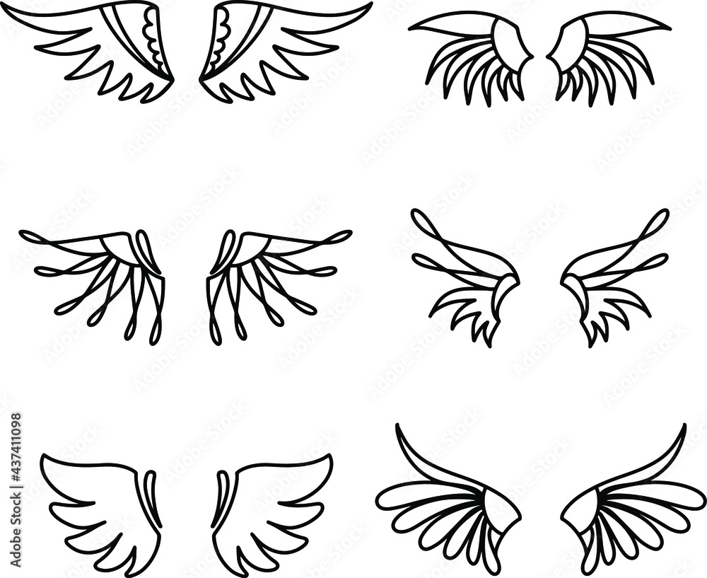 Wings doodle set in hand drawn style on black background. Vector graphic illustration. Hand drawn style. Sketch drawing. Nature background. Line drawing style. Creative concept. Wings doodle set in hand drawn style on black background. Vector graphic illustration. Hand drawn style. Sketch drawing. Nature background. Line drawing style. Creative concept.