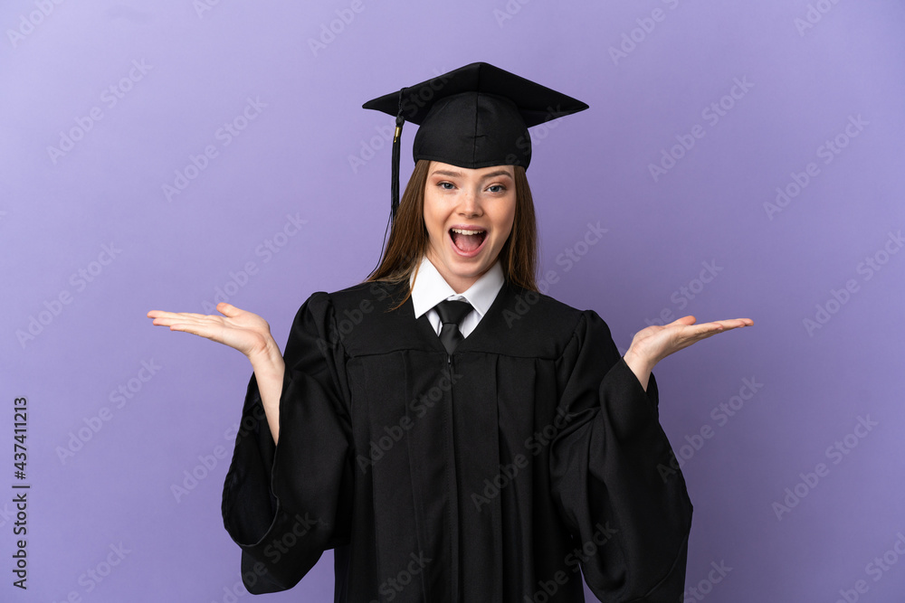 Young university graduate over isolated purple background with shocked facial expression Young university graduate over isolated purple background with shocked facial expression
