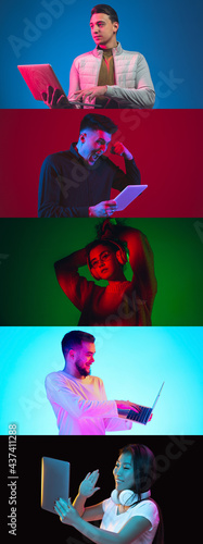 Portraits of young people with devices and gadgets isolated on multicolored background in neon light, collage. Vertical flyer
