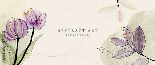 Abstract art botanical background vector. Luxury wallpaper with pink and earth tone watercolor, leaf, flower, tree and gold glitter. Minimal Design for text, packaging, prints, wall decoration.