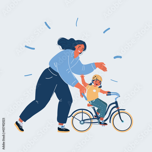 Vector illustration of Mother teaching girl to ride the bike on white background.
