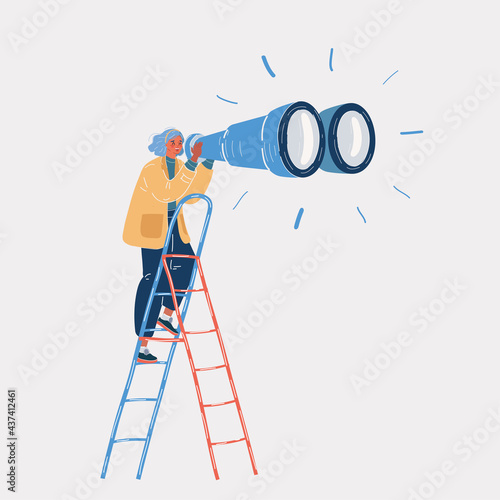 Vector illustration of Businesswoman watchin throug binoculars standing on ladder. Looking for opportunities. Searches new perspectives.