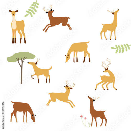 Vector set of cute drawn deer. Deer in different poses. Beige and brown deer. A family of deer, a flock of deer. Deer pattern. Coloring book, textiles, wallpaper, cartoon.