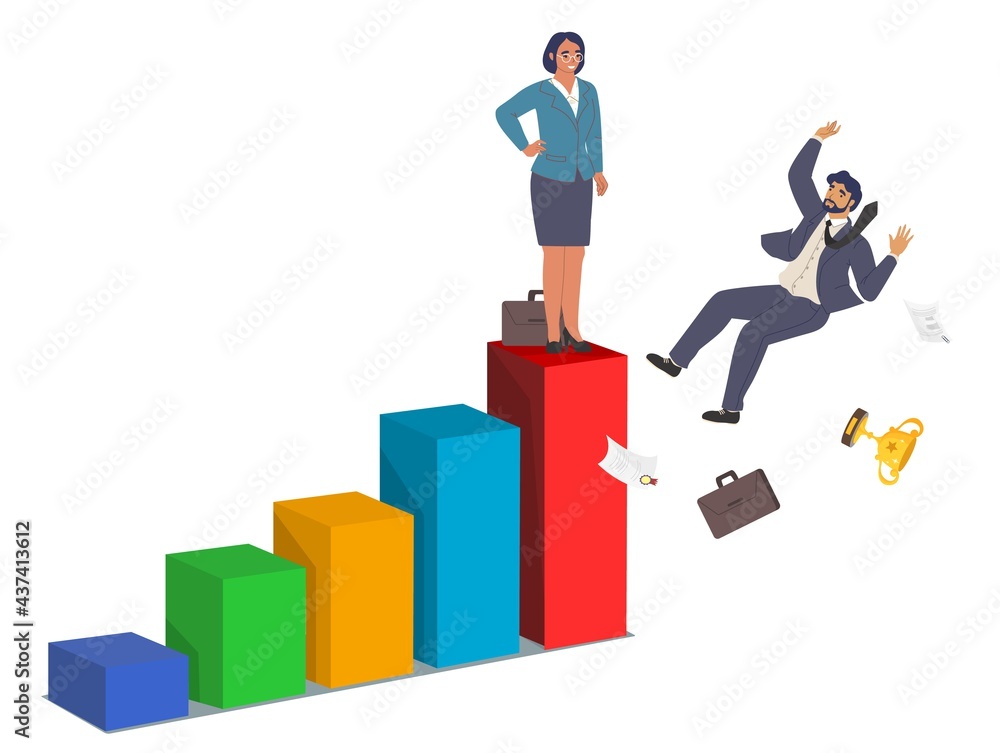Female boss leader standing on bar chart top and male employee falling down from it, vector illustration. Feminism. Female boss leader standing on bar chart top and male employee falling down from it, vector illustration. Feminism.