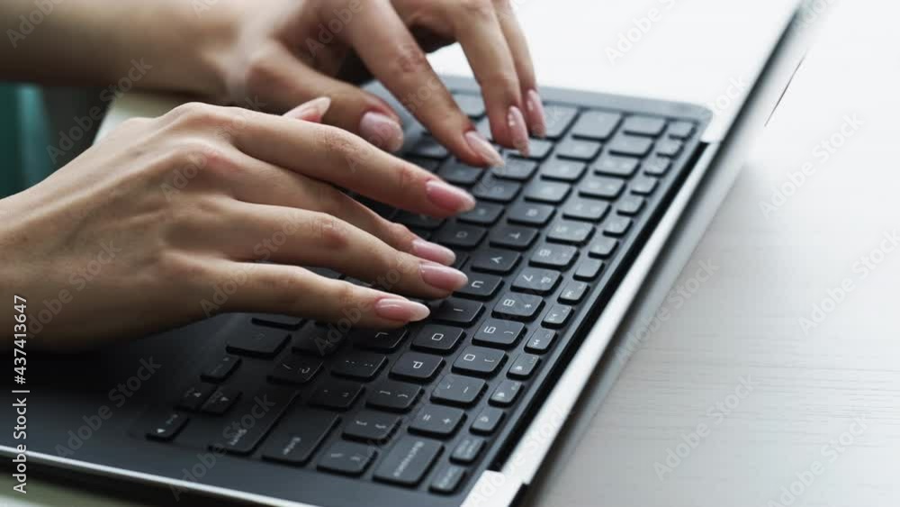 Digital marketing. Online business. Remote work. Digital office. Unrecognizable female manager hands typing on laptop keyboard at light workplace. Digital marketing. Online business. Remote work. Digital office. Unrecognizable female manager hands typing on laptop keyboard at light workplace.
