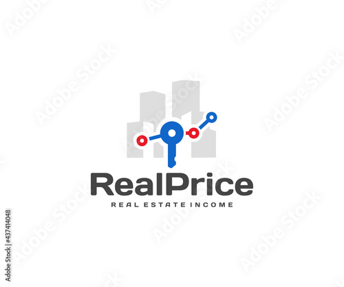 Income property investment logo design. Real estate agent vector design. Growth chart with key and skyscrapers logotype 