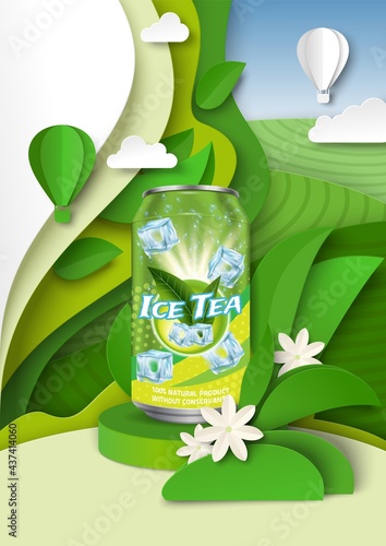 Ice tea ads template, vector illustration. Herbal soft drink packaging aluminum can mockup, paper cut green tea leaves.