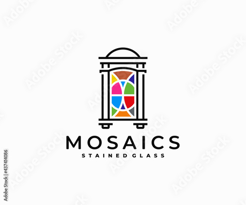Old window mosaics logo design. Stained glass window vector design. Antique window frame logotype